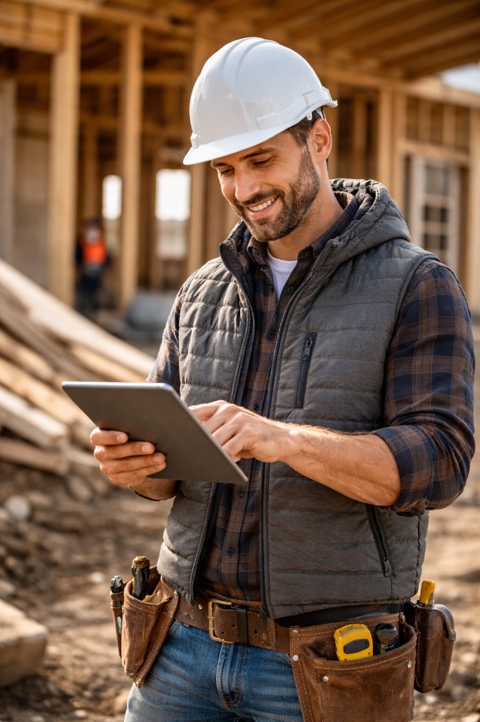 Artisan sur chantier utilisant une tablette pour gérer son activité